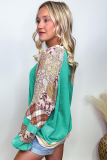 Aruba Blue Plaid Vintage Paisley Patchwork Long Sleeve Raglan Top