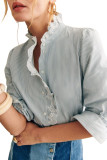 Sky Blue Stripe Frilled Trim Button Up Long Sleeve Shirt