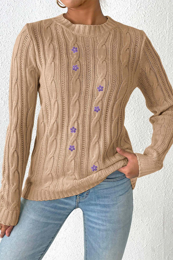 Cable Knit Flower Embroidery Sweater