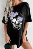 Black Floral Skull Graphic Halloween Tunic T Shirt