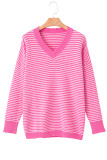 Pink Striped Scallop V Neck Loose Sweater with Slits