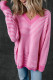 Pink Striped Scallop V Neck Loose Sweater with Slits