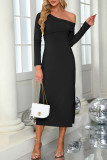 One SHoulder Ribbed Knitting Dress