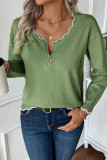Green Half Zipper Wavy Hem Sweater