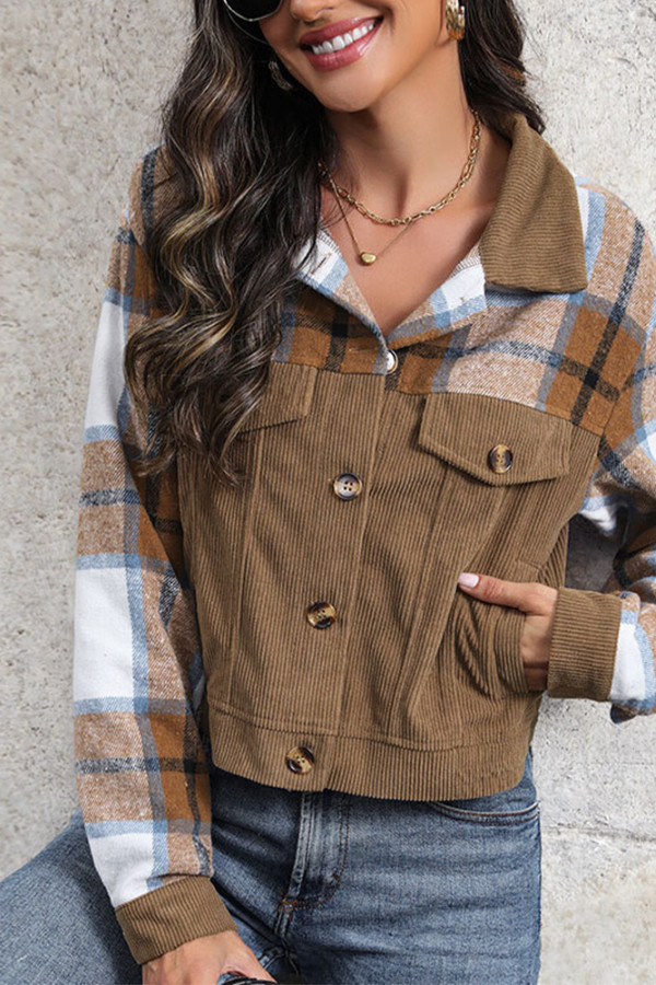 Khaki Plaid Colorblock Corduroy Jacket