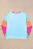 Dark Blue Colorblock Patchwork Long Sleeve Plus Size Top