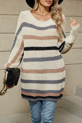Colorblock Stripe Eyelet Knitting Sweater