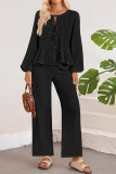 Solid Color Lace Up Ruffle Top and Wide Leg Pants Set