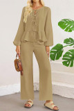 Solid Color Lace Up Ruffle Top and Wide Leg Pants Set
