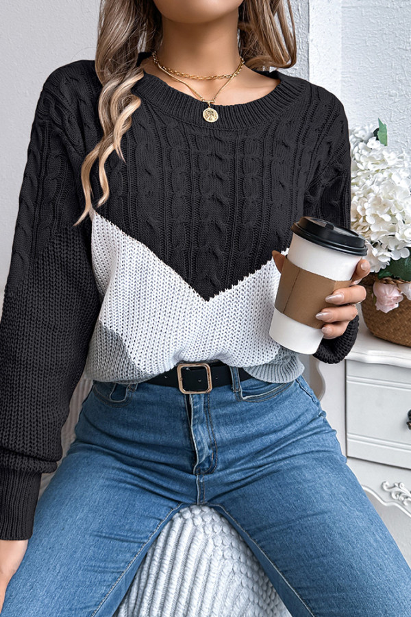 Colorblock Cable Knitting Sweater