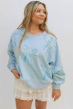 Beau Blue Sequined Bowknot Drop Shoulder Oversized Sweatshirt