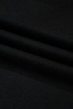 Black Solid Drop Shoulder Drawstring Cropped Hoodie