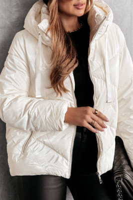 White Solid Quilted Hooded Zip Up Puffer Coat