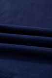 Navy Blue Solid O Neck High Low Hem Pullover Sweatshirt