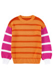 Orange Stripe Colorblock Crew Neck Drop Shoulder Loose Sweater