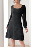 Black Square Neck Ribbed Knitting Dress