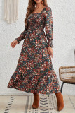 Square Neck Flaral Lantern Sleeves Dress