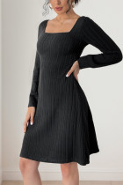 Black Square Neck Ribbed Knitting Dress