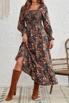 Square Neck Flaral Lantern Sleeves Dress