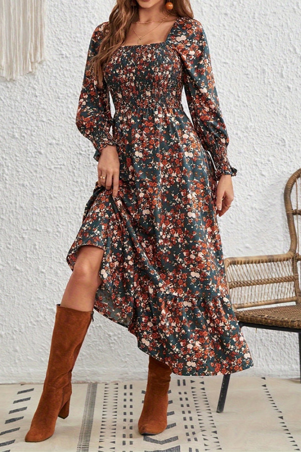 Square Neck Flaral Lantern Sleeves Dress