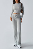 Solid Color Long Sleeves Top and Pants Two Pieces Set