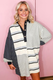 Black Stripe Colorblock Knit Henley Collar Shift Long Sleeve Mini Dress