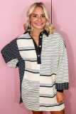 Black Stripe Colorblock Knit Henley Collar Shift Long Sleeve Mini Dress
