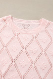 Gossamer Pink Openwork Plaid Puff Sleeve Cropped Sweater