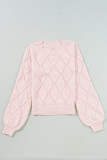 Gossamer Pink Openwork Plaid Puff Sleeve Cropped Sweater