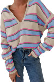 Apricot Stripe Collared V Neck Drop Shoulder Loose Sweater