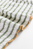 Green Stripe Textured Frilly Trim Buttons Henley Long Sleeve Top