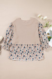 Beige Faux Two Piece Knit Patchwork Floral Print Plus Size Top