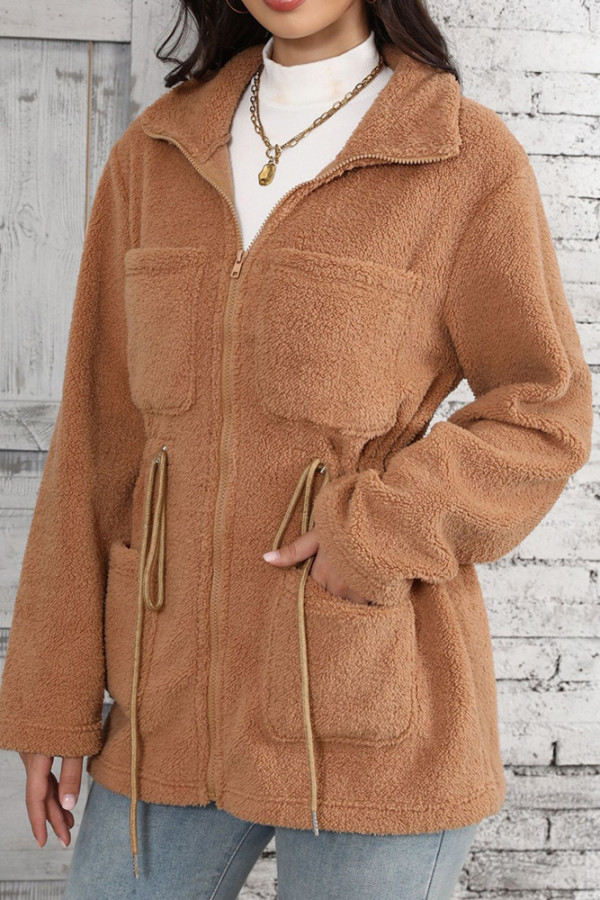 Coffee Zipper Design Fleece Coat
