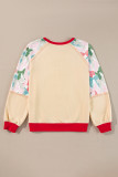 Beige Bowknot Printed Patchwork Raglan Sleeve Colorblock Edge Top