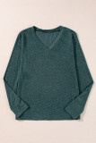 Mist Green Solid Color Long Sleeve V Neck Top