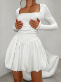 White Square Neck Smocked Dress