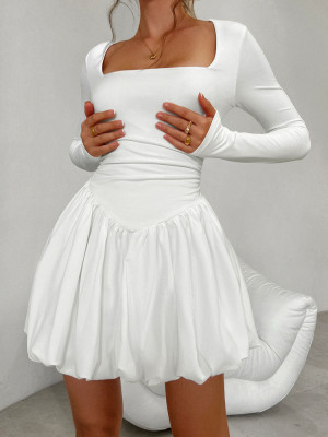 White Square Neck Smocked Dress