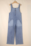 Stone Blue Washed Denim Half Buttons Patched Pocket Wide Leg Overalls
