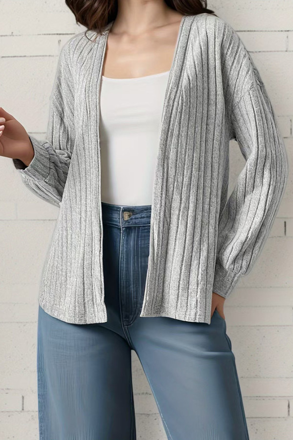 Grey Ribbed Knitting Front Open Cardigan