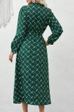 Green Tie Waist Puff Sleeves Dress