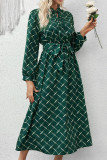 Green Tie Waist Puff Sleeves Dress