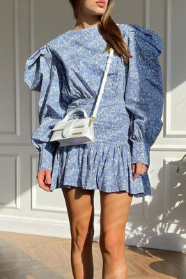 Blue Smocked Printed Dress