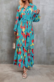 Puff Sleeves Printed Splicing Maxi Dress