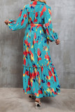 Puff Sleeves Printed Splicing Maxi Dress