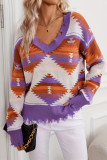 Aztec Ripped V Neck Knitting Top