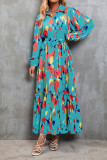 Puff Sleeves Printed Splicing Maxi Dress