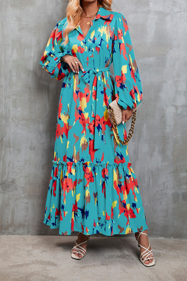 Puff Sleeves Printed Splicing Maxi Dress