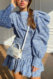Blue Smocked Printed Dress