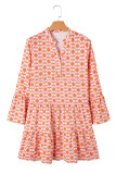 Orange Floral Print Flounce Sleeve Buttoned Front Mini Dress