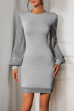 Grey Sequin Glitter Sleeves Dress